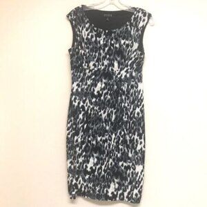 Enfocus Studio Midi Shift Dress Sleeveless Ruched Animal Print Black White Sz 6